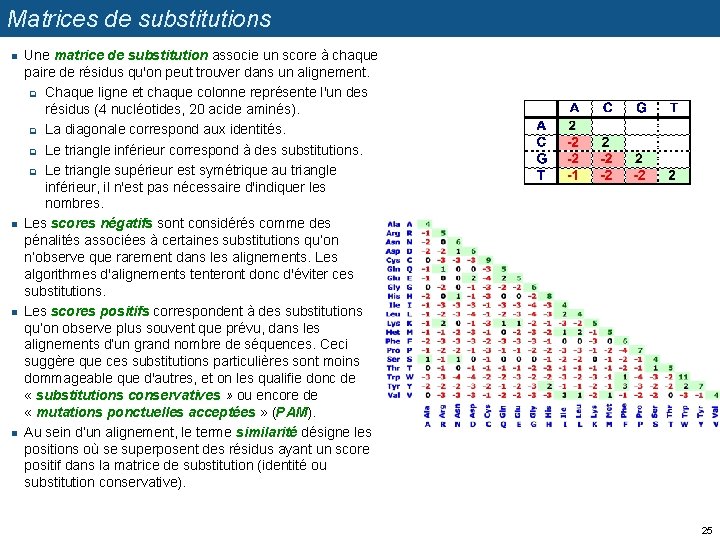 Matrices de substitutions n n Une matrice de substitution associe un score à chaque