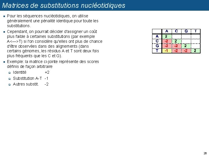 Matrices de substitutions nucléotidiques n n n Pour les séquences nucléotidiques, on utilise généralement
