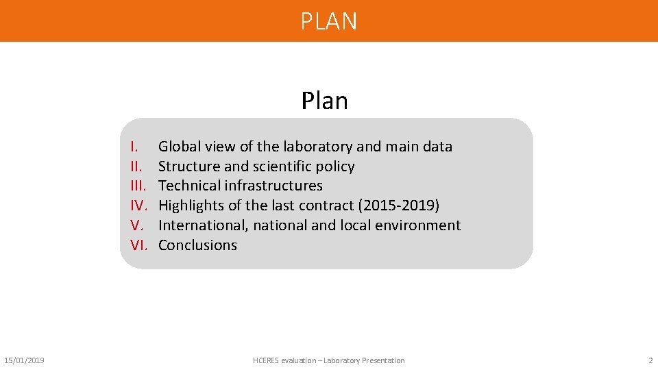 PLAN Plan I. III. IV. V. VI. 15/01/2019 Global view of the laboratory and