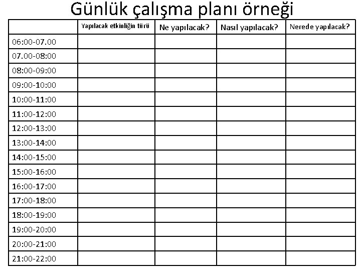 Günlük çalışma planı örneği Yapılacak etkinliğin türü 06: 00 -07. 00 -08: 00 -09: