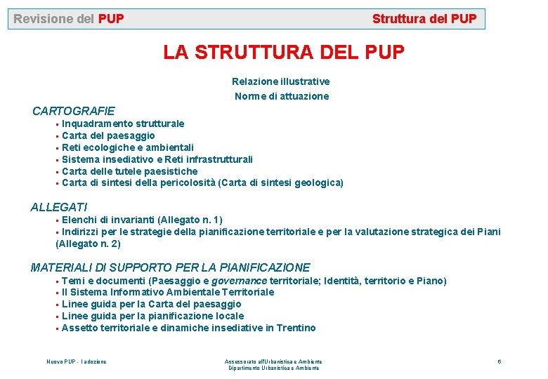 Revisione del PUP Struttura del PUP LA STRUTTURA DEL PUP Relazione illustrative Norme di