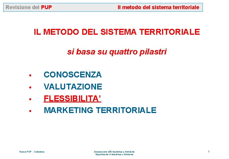 Revisione del PUP Il metodo del sistema territoriale IL METODO DEL SISTEMA TERRITORIALE si