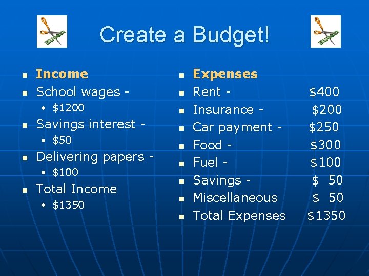 Create a Budget! n n Income School wages • $1200 n Savings interest •