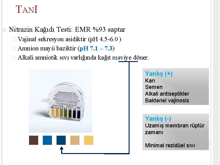 TANI Nitrazin Kağıdı Testi: EMR %93 saptar � Vajinal sekresyon asidiktir (p. H 4.