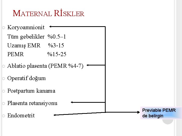 MATERNAL RİSKLER Koryoamnionit Tüm gebelikler %0. 5– 1 Uzamış EMR %3 -15 PEMR %15