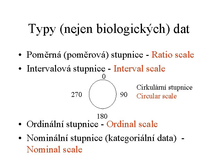 Typy (nejen biologických) dat • Poměrná (poměrová) stupnice - Ratio scale • Intervalová stupnice