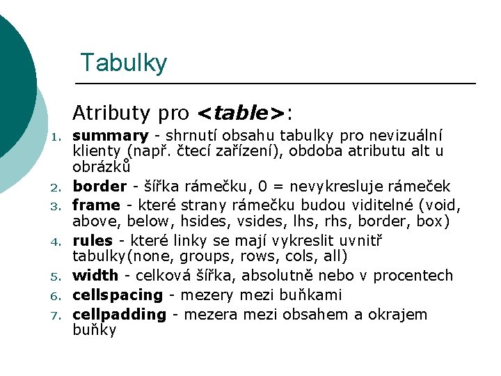 Tabulky Atributy pro <table>: 1. 2. 3. 4. 5. 6. 7. summary - shrnutí