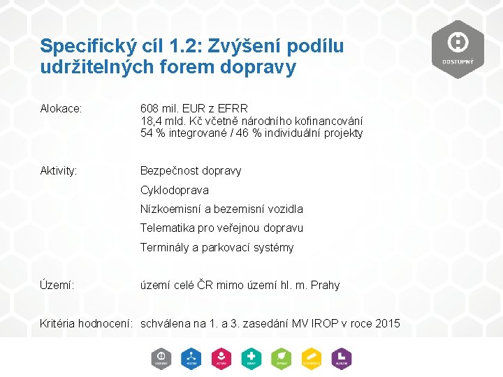 Specifický cíl 1. 2: Zvýšení podílu udržitelných forem dopravy Alokace: 608 mil. EUR z