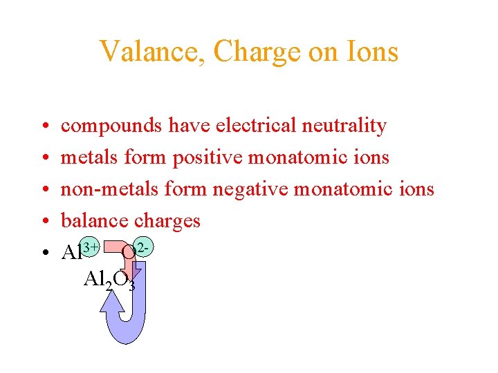 Valance, Charge on Ions • • • compounds have electrical neutrality metals form positive
