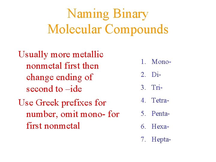 Naming Binary Molecular Compounds Usually more metallic nonmetal first then change ending of second