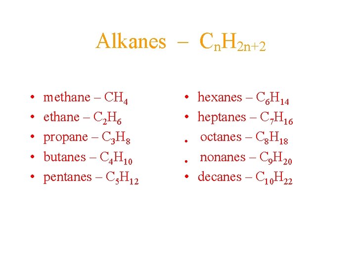 Alkanes – Cn. H 2 n+2 • • • methane – CH 4 ethane