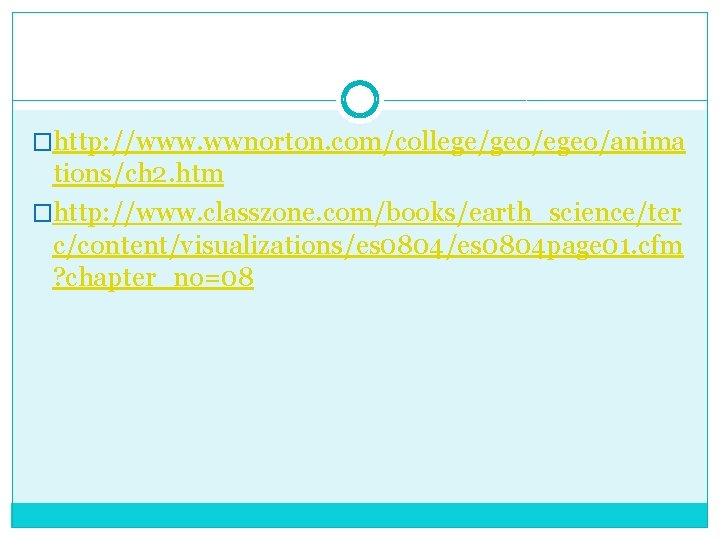 �http: //www. wwnorton. com/college/geo/egeo/anima tions/ch 2. htm �http: //www. classzone. com/books/earth_science/ter c/content/visualizations/es 0804 page