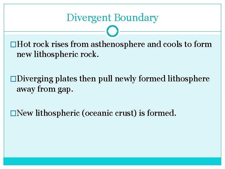 Divergent Boundary �Hot rock rises from asthenosphere and cools to form new lithospheric rock. Divergent Boundary �Hot rock rises from asthenosphere and cools to form new lithospheric rock.