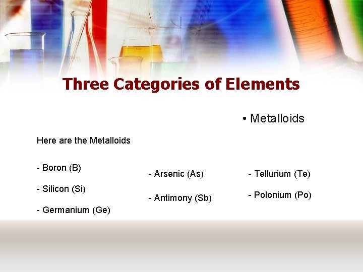 Three Categories of Elements • Metalloids Here are the Metalloids - Boron (B) -
