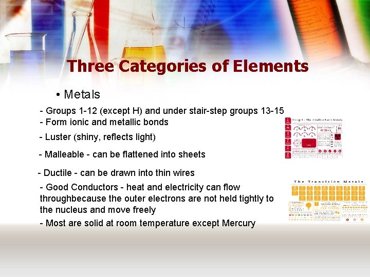 Three Categories of Elements • Metals - Groups 1 -12 (except H) and under