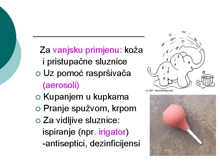 Za vanjsku primjenu: koža i pristupačne sluznice ¡ Uz pomoć raspršivača (aerosoli) ¡ Kupanjem