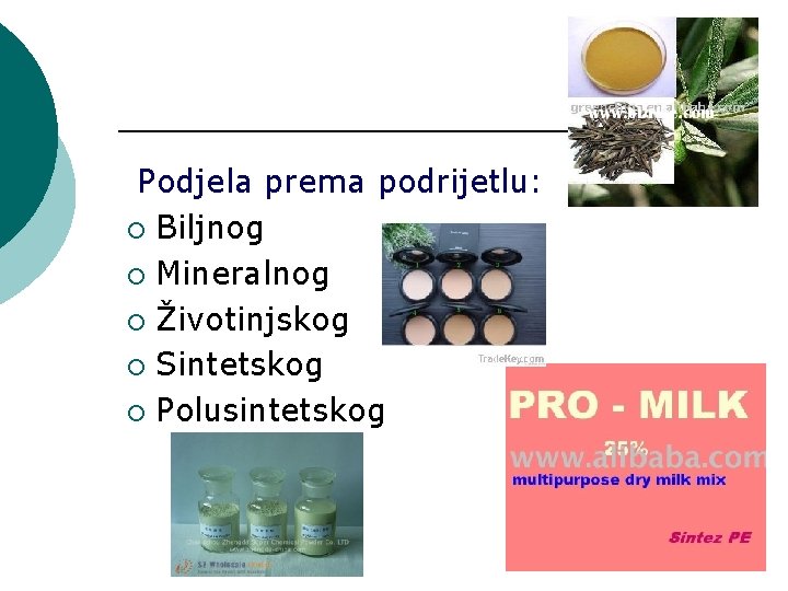 Podjela prema podrijetlu: ¡ Biljnog ¡ Mineralnog ¡ Životinjskog ¡ Sintetskog ¡ Polusintetskog 