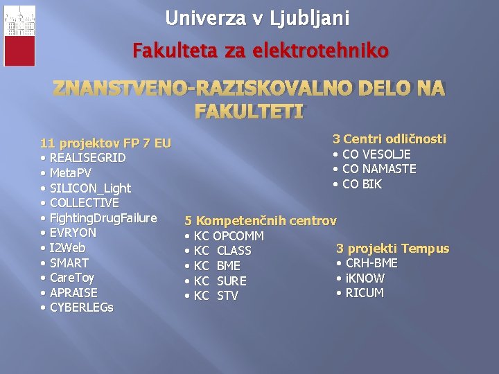 Univerza v Ljubljani Fakulteta za elektrotehniko ZNANSTVENO-RAZISKOVALNO DELO NA FAKULTETI 11 projektov FP 7