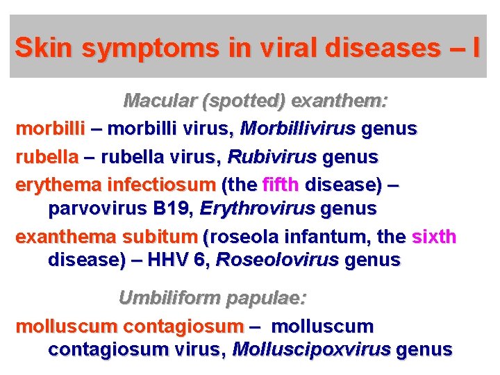 Skin symptoms in viral diseases – I Macular (spotted) exanthem: morbilli – morbilli virus,