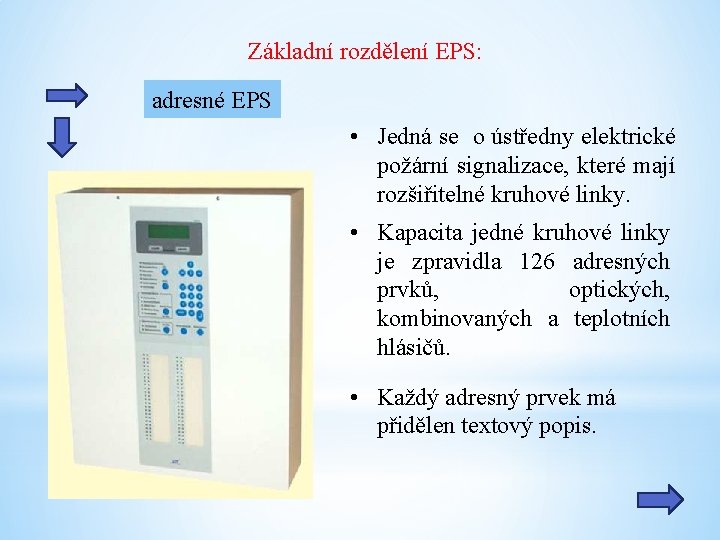 Základní rozdělení EPS: adresné EPS • Jedná se o ústředny elektrické požární signalizace, které