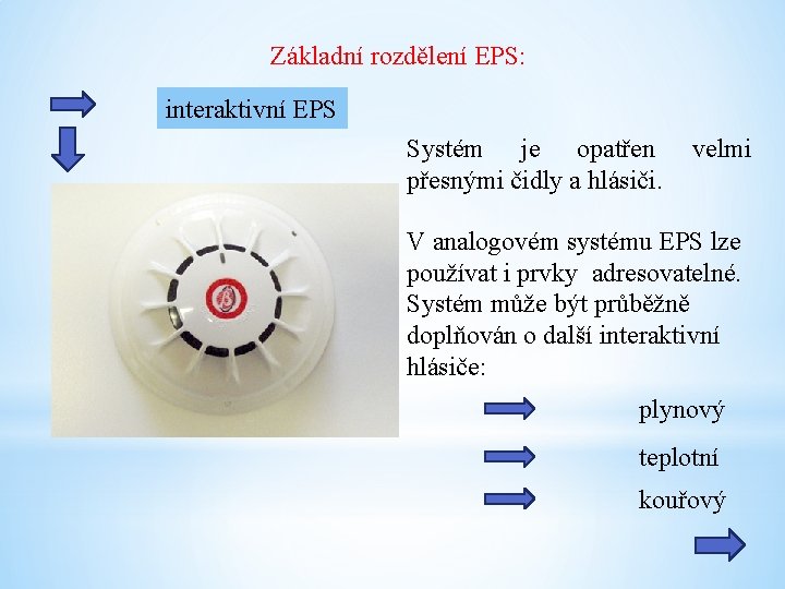 Základní rozdělení EPS: interaktivní EPS Systém je opatřen přesnými čidly a hlásiči. velmi V