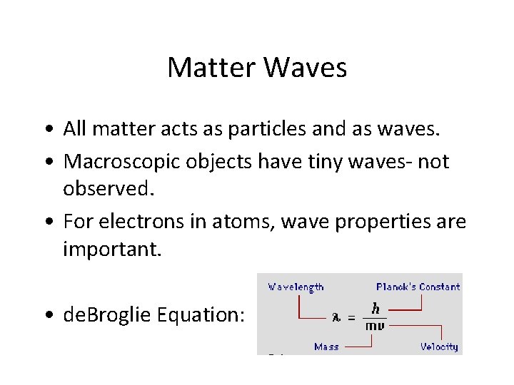 Matter Waves • All matter acts as particles and as waves. • Macroscopic objects