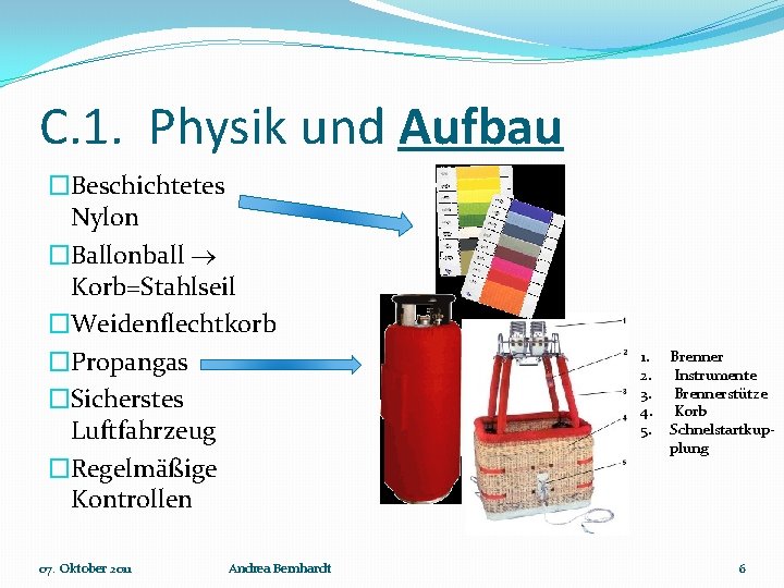 C. 1. Physik und Aufbau �Beschichtetes Nylon �Ballonball Korb=Stahlseil �Weidenflechtkorb �Propangas �Sicherstes Luftfahrzeug �Regelmäßige