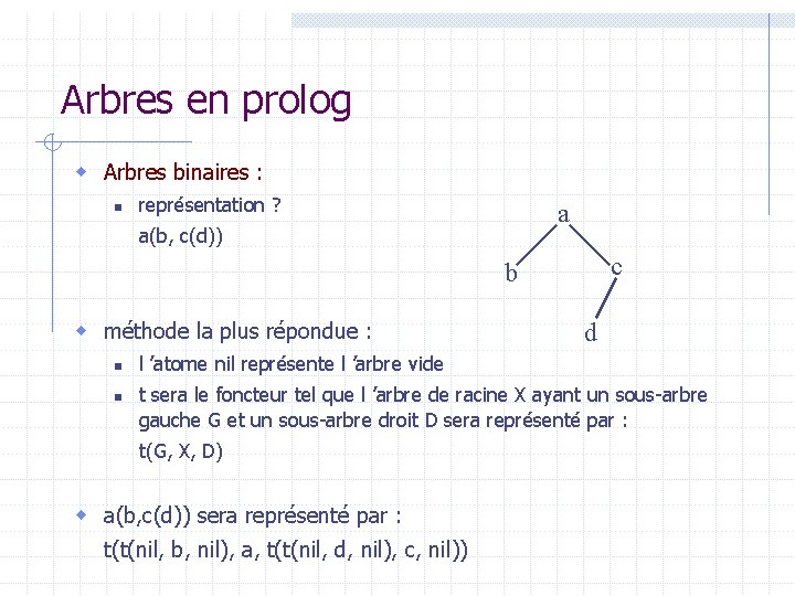 Arbres en prolog w Arbres binaires : n représentation ? a a(b, c(d)) c