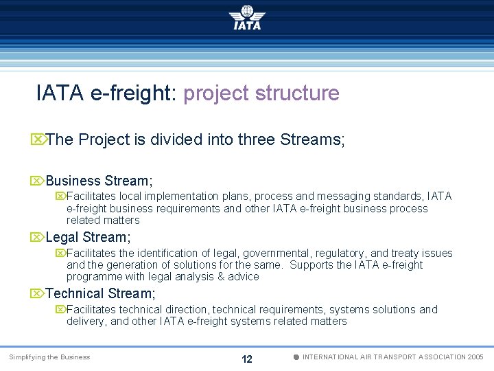IATA e-freight: project structure ÖThe Project is divided into three Streams; ÖBusiness Stream; ÖFacilitates