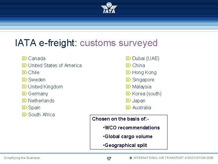 IATA e-freight: customs surveyed Ö Canada Ö United States of America Ö Chile Ö