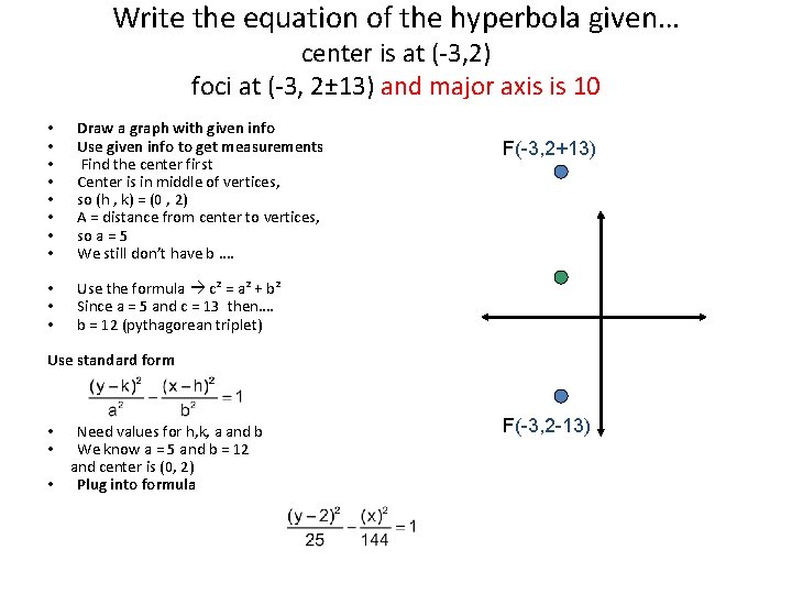 Write the equation of the hyperbola given… center is at (-3, 2) foci at