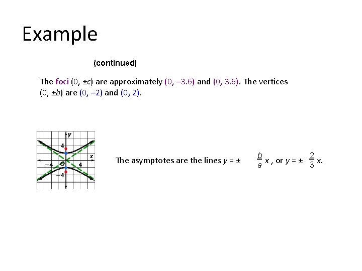 Example (continued) The foci (0, ±c) are approximately (0, – 3. 6) and (0,