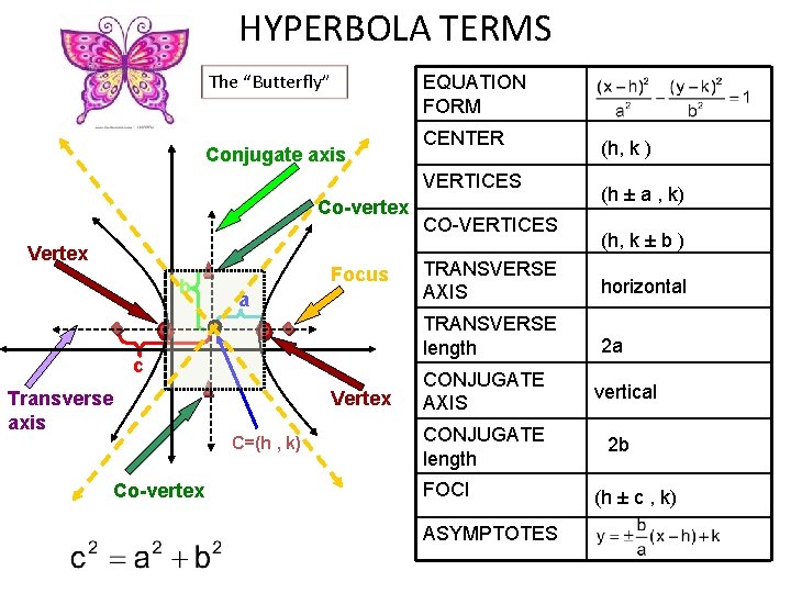 HYPERBOLA TERMS The “Butterfly” EQUATION FORM Conjugate axis CENTER VERTICES Co-vertex Vertex b Focus