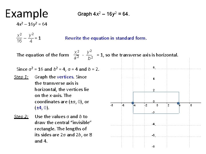 Example Graph 4 x 2 – 16 y 2 = 64 y 2 x