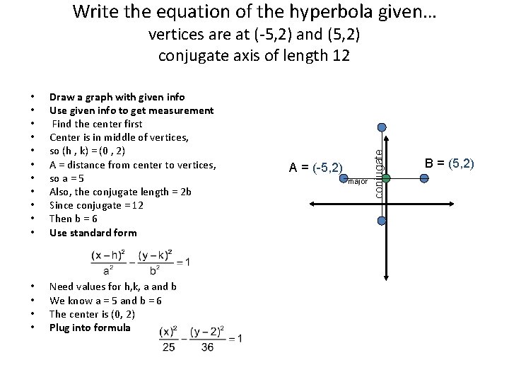 Write the equation of the hyperbola given… • • • Draw a graph with