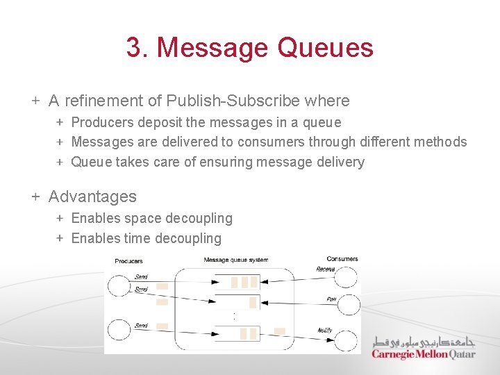 3. Message Queues A refinement of Publish-Subscribe where Producers deposit the messages in a