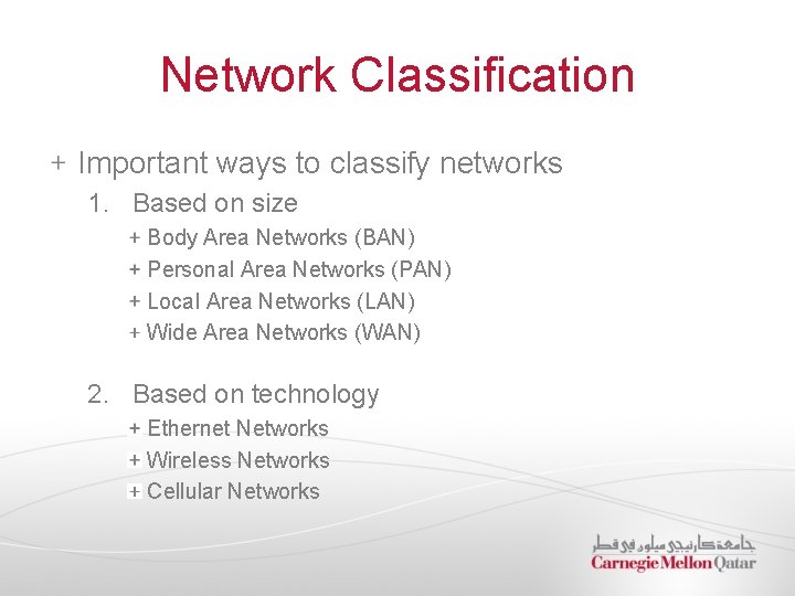 Network Classification Important ways to classify networks 1. Based on size Body Area Networks