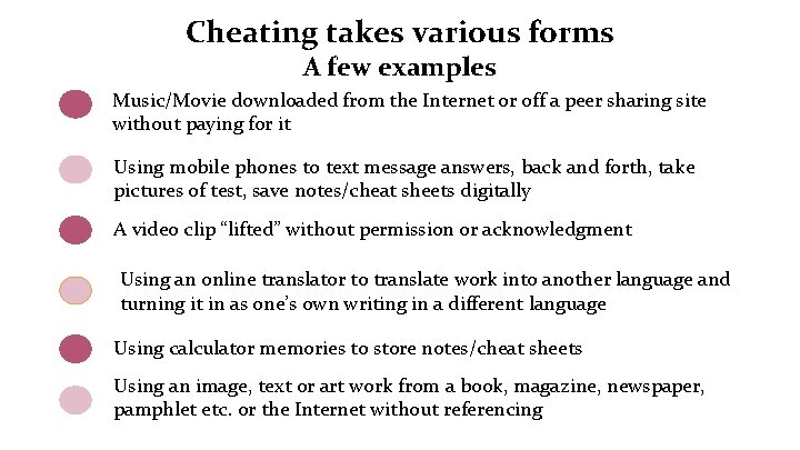 Cheating takes various forms A few examples Music/Movie downloaded from the Internet or off