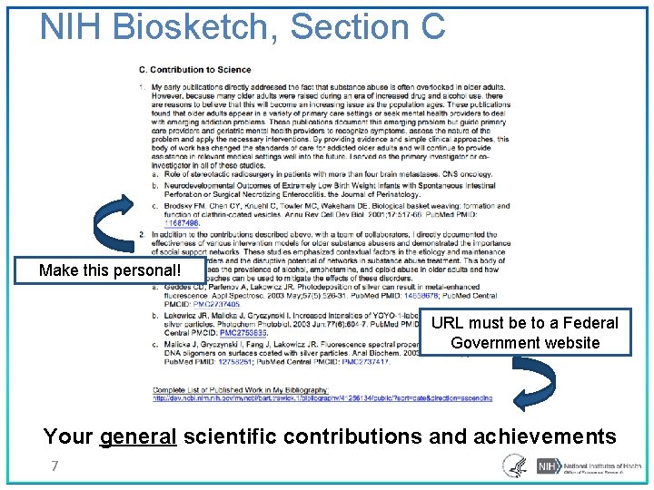 NIH Biosketch, Section C Make this personal! URL must be to a Federal Government