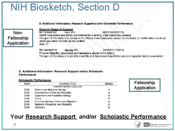 NIH Biosketch, Section D Non. Fellowship Application Your Research Support and/or Scholastic Performance 8