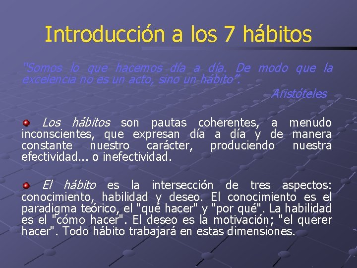 Introducción a los 7 hábitos “Somos lo que hacemos día a día. De modo