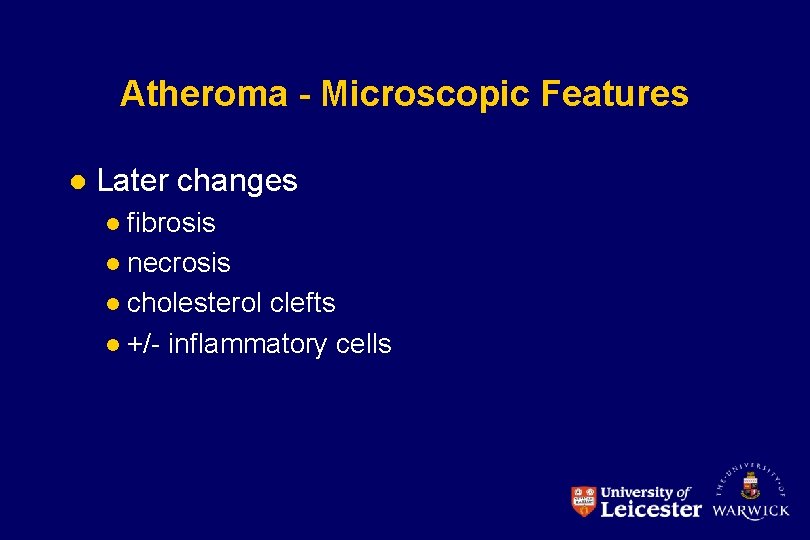 Atheroma - Microscopic Features l Later changes fibrosis l necrosis l cholesterol clefts l