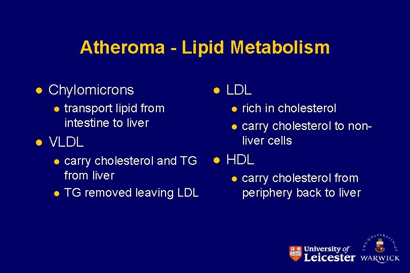 Atheroma - Lipid Metabolism l Chylomicrons l l l transport lipid from intestine to