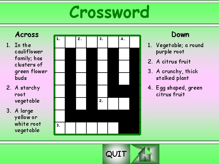 Crossword Across 1. In the cauliflower family; has clusters of green flower buds 1.