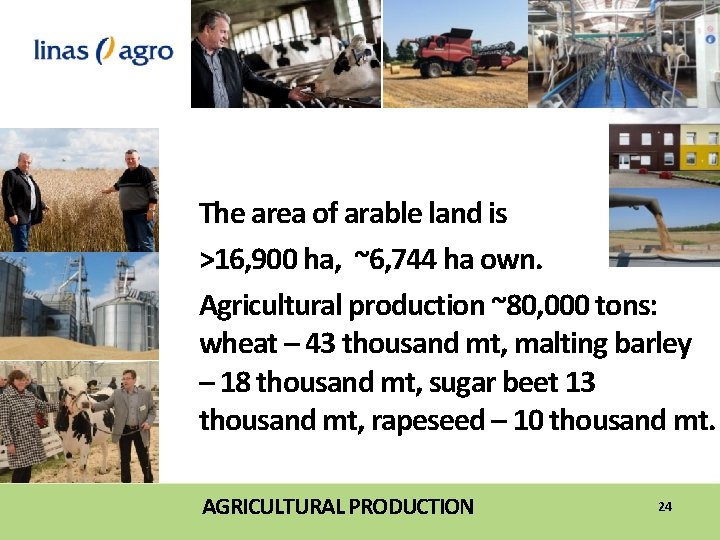 The area of arable land is >16, 900 ha, ~6, 744 ha own. Agricultural