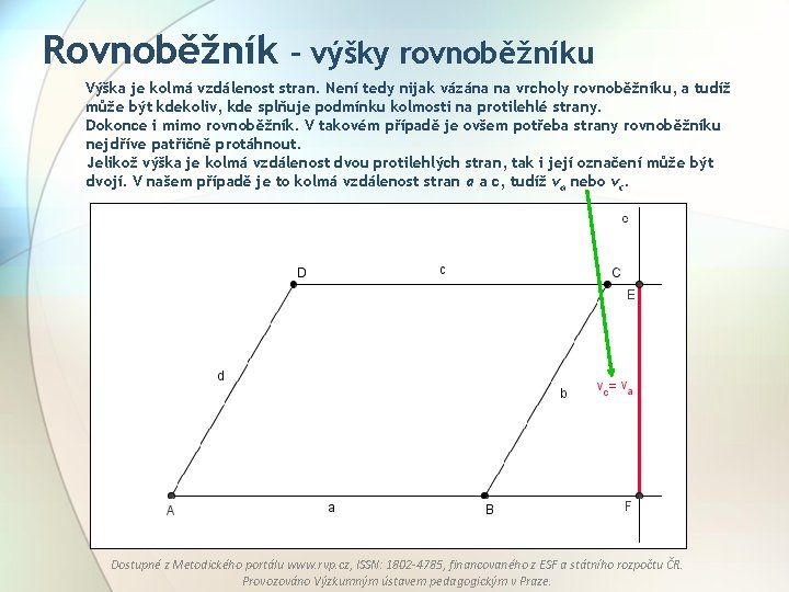 Rovnoběžník – výšky rovnoběžníku Výška je kolmá vzdálenost stran. Není tedy nijak vázána na