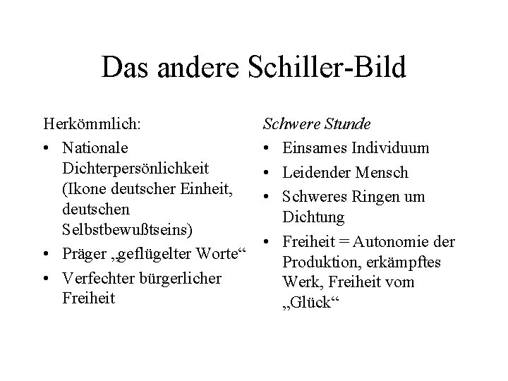 Das andere Schiller-Bild Herkömmlich: • Nationale Dichterpersönlichkeit (Ikone deutscher Einheit, deutschen Selbstbewußtseins) • Präger