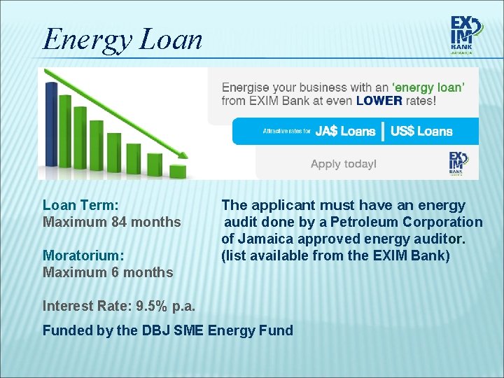 Energy Loan Term: Maximum 84 months Moratorium: Maximum 6 months The applicant must have