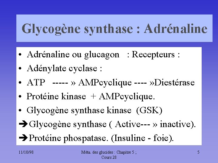 Glycogène synthase : Adrénaline • Adrénaline ou glucagon : Recepteurs : • Adénylate cyclase