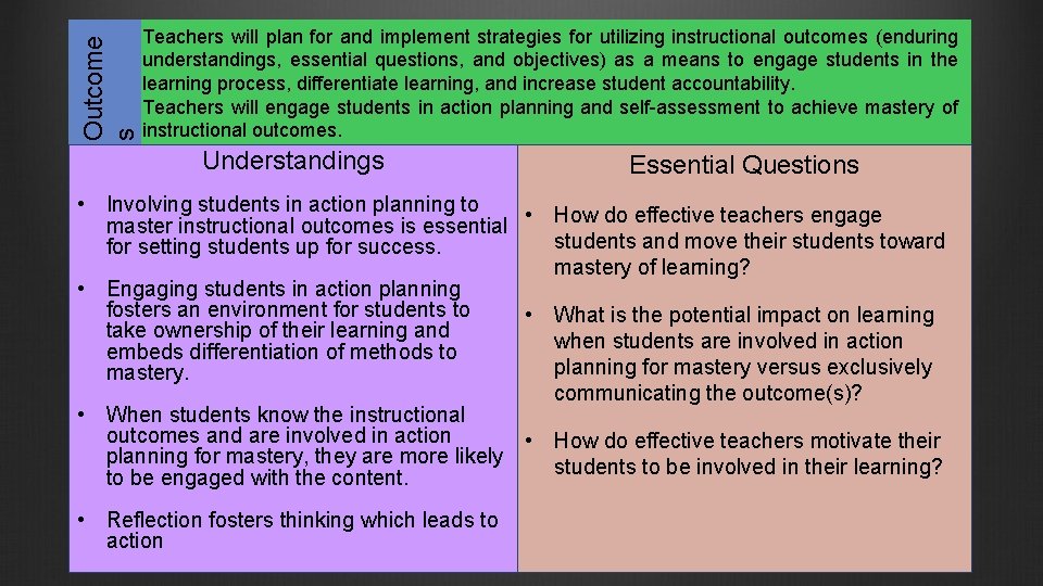 Outcome s Teachers will plan for and implement strategies for utilizing instructional outcomes (enduring